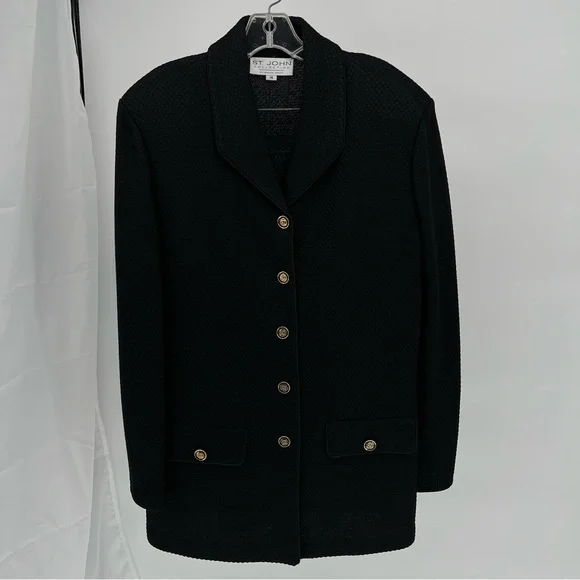 St. John Collection Santana Knit Blazer Suit Set Size 14 Black Gold Buttons - Picture 2 of 11